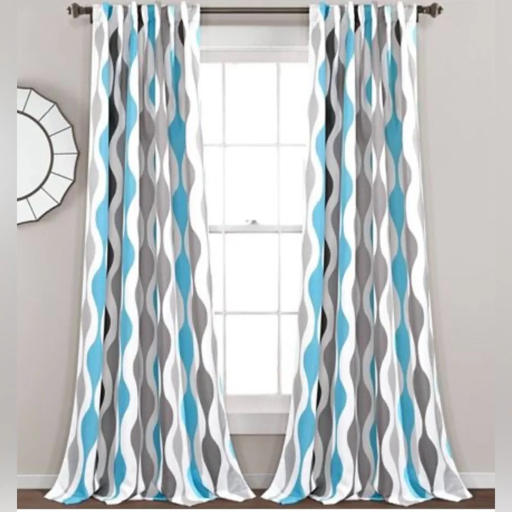 Lush Decor Half Moon Mid Century Geo Curtains 84” Turquoise Grey 2 Panels